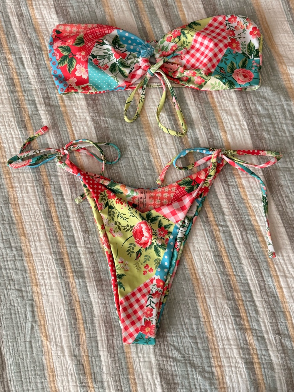 SHEIN Floral Patchwork Bikini Set in Red, Green, Blue
